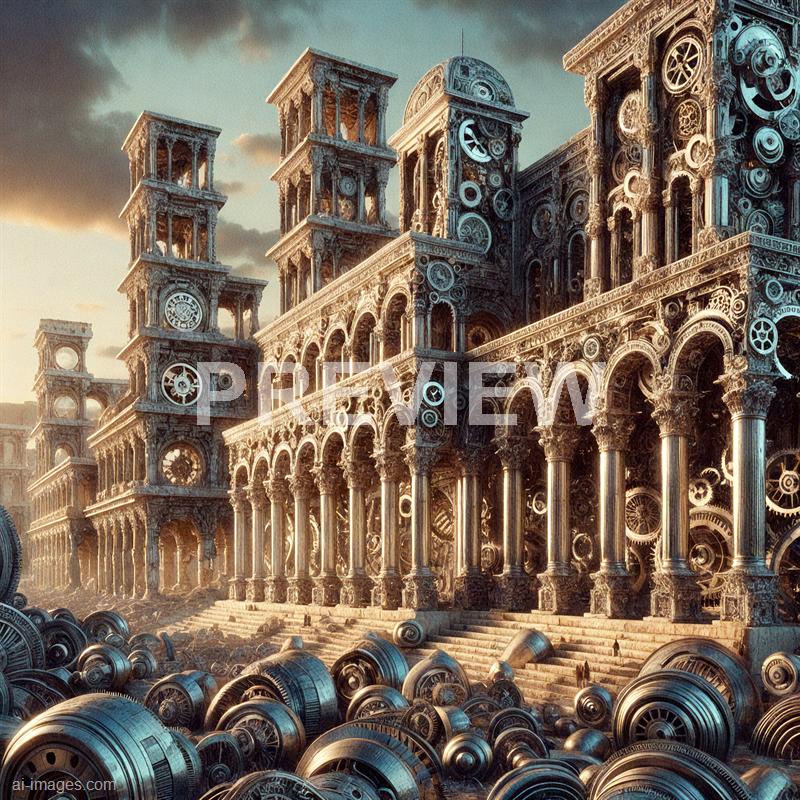 The image depicts an ancient, grand architectural structure resembling a cathedral or palace with tall, ornate towers and arched colonnades. The building appears to be partially decayed or constructed from intricate gears, cogs, and mechanical parts, giving it a steampunk or futuristic aesthetic. The foreground is filled with a large number of scattered metallic gears and mechanical debris, and the scene is illuminated by a warm, golden light, suggesting either sunrise or sunset.